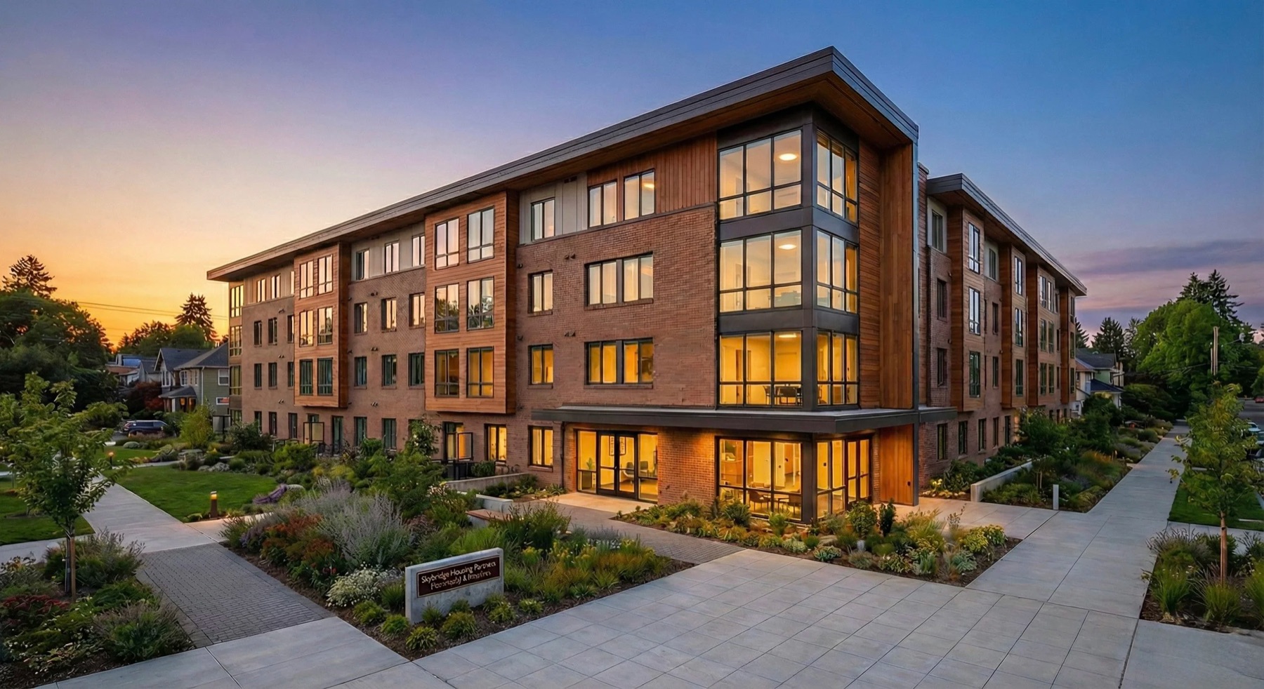 Skybridge Housing Partners residential building at dusk, surrounded by landscaped gardens